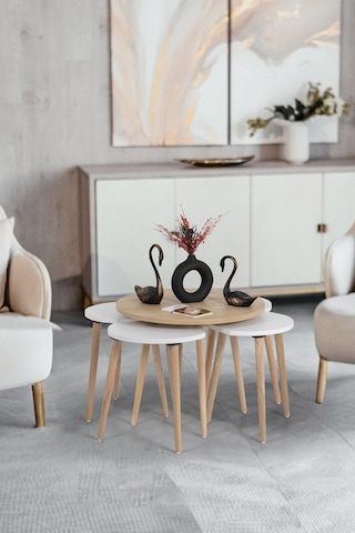 Orta Sehpa / Sehpa Seti / Sehpa Takımı / 5 Parça / Flora Pissa Meşe-beyaz