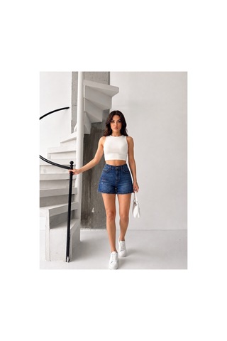 Kene Jeans Bacak Nakışlı Laci İşlemli Kısa Kot Şort Lacivert
