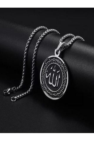 Paslanmaz Çelik Allah Yazılı Yuvarlak Madalyon Kolye Gümüş