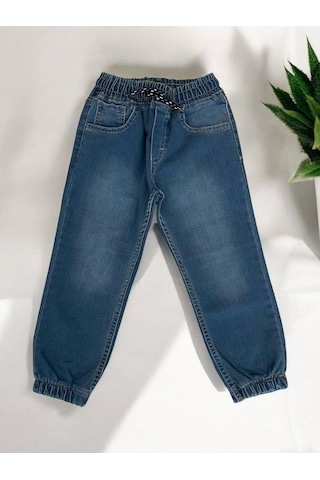 Çocuk Beli Paçası Lastikli Lycralı Kot Pantolon-14954 Mavi
