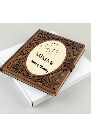 Mimar Tasarımlı Kişiye Özel Ahşap Kapaklı Defter - Çizim Ve Eskiz İçin 60 Yaprak Kraft Kağıtlı Mesleki Hediye Kahve