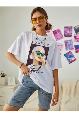 Kadın Beyaz Oversize You Go Baskılı T-shirt Beyaz-67199
