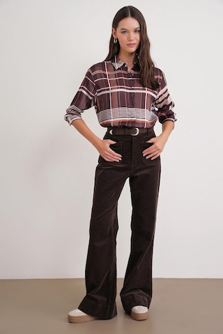 4751 Kadın Ekose İnce Saten Gömlek Kahve Kahve