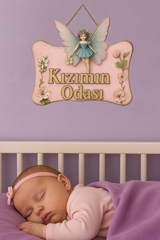 Kızımın Odası Yazılı Melek Tasarımlı Ahşap Mdf Kapı Süsü - Uv Hd Baskılı Eskitme Açık Pembe