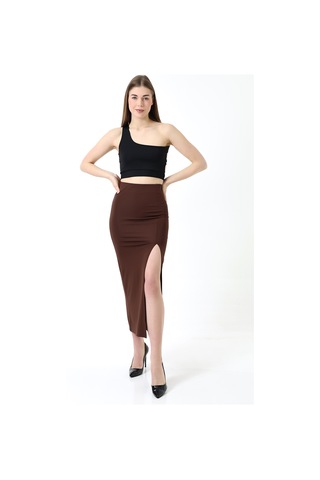 Winmoda34 Kadın Önden Derin Yırtmaçlı Dalgıç Etek Full Likralı Maxi Boy 92 Cm Kahverengi