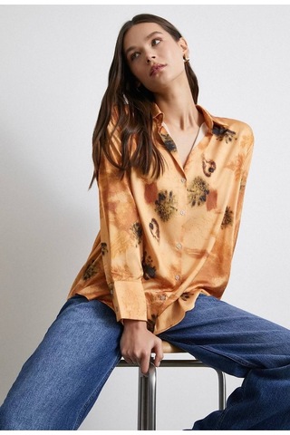 Kadın Uzun Kol Desenli Renkli Pamuk Saten Premium Kalite Spor Şık Gömlek Turuncu