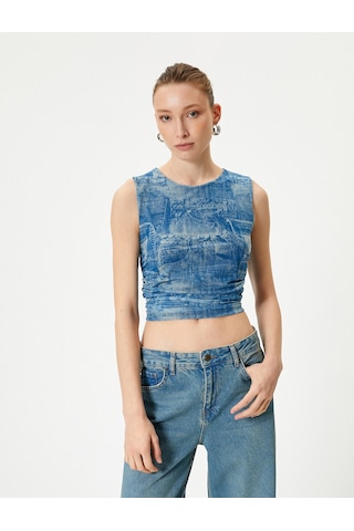 Koton Denim Görünümlü Üst Crop Büzgülü Bisiklet Yaka Mavi Desenli 4sak10354ek Mavi