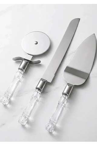 Mucit Home 3lü Kristal Görünümlü Saplı Çelik Servis Seti Pizza Kesici Kek Bıçağı Pasta Spatulası Beyaz
