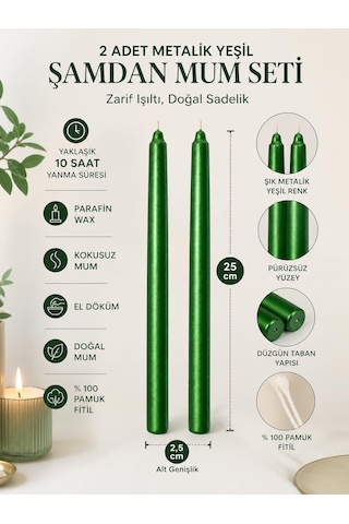 2'li Metalik Yeşil Şamdan Mum Seti 25 Cm Dekoratif İnce Şamdan Mum, Kokusuz Parafin Wax,%100 Pamuk Fitil, El Dö Diğer