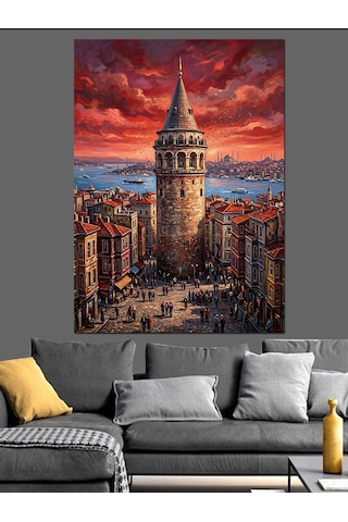 Kızıl Gökyüzünde Heybetli Galata Kulesi Dekoratif Kanvas - Mdf Ahşap Tablo