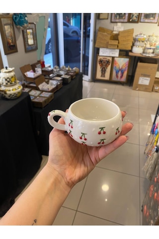 Seramik El Yapımı Fincan Takımı 2'li Set Kiraz Desenli Beyaz - Kırmızı