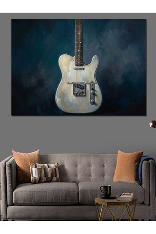 Mavi Fondaki Klasik Beyaz Gitar Dekoratif Kanvas - Mdf Ahşap Tablo