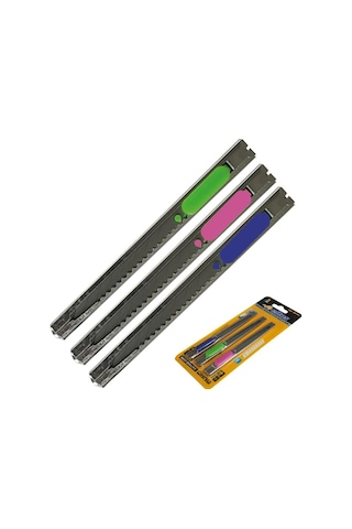 Eltos 3'lü Metal Maket Bıçağı Seti - 9mm İnce Dar Tip, Paslanmaz Çelik Gövde, Hassas Kesim İçin Kilitli Mekani