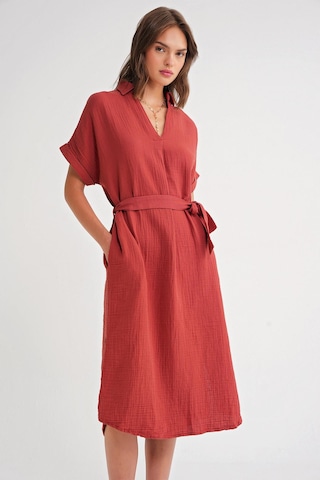 Mixray 4720 Kadın Pile Detaylı Bağlamalı V Yaka Müslin Elbise Kiremit