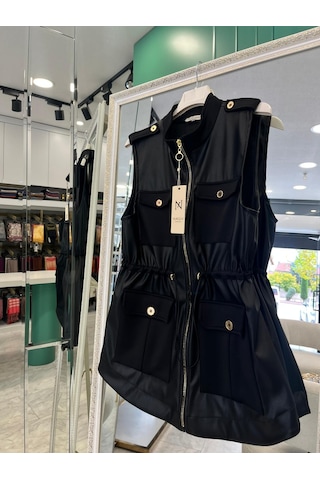 Nurgün Deri Yelek Cep Detaylı - Siyah - 2 Siyah