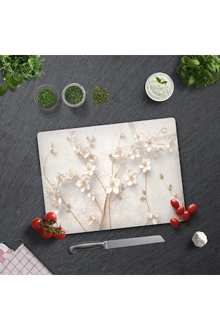 Cam Kesme Tablası - Cam Kesme Tahtası Beyaz Çiçek 30cm X 40cm
