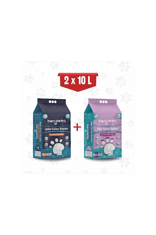 Benpetto AB250 Aktif Karbonlu + Bebek Pudralı Topaklaşan İnce Bentonit Kedi Kumu 2 x 10 L