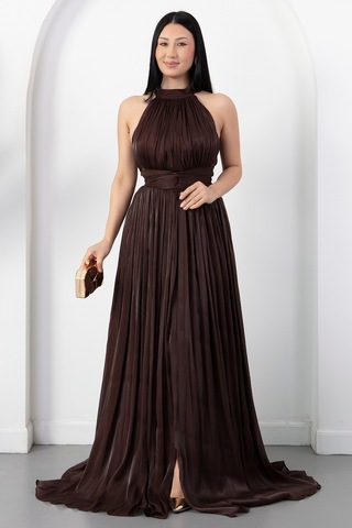 Kalopya Halter Yaka Beli Düğümlü Yırtmaçlı Elbise Drp6882 Kahve