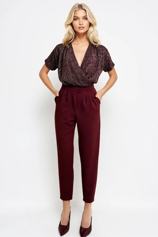 Çift Düğmeli Havuç Model Bilek Boy Kadın Kumaş Pantolon Bordo
