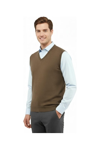 Çizgi Triko Erkek V Yaka Süveter Çelik Örgü Regular Kalıp 5200h Bgl-st04962 Vizon