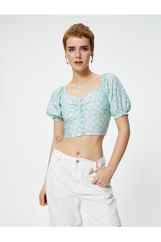 Koton Balon Kol Crop Bluz Çiçekli Düğmeli V Yaka Viskoz Kumaş Yeşil Desenli 4sal60014ıw 4SAL60014IW7D6