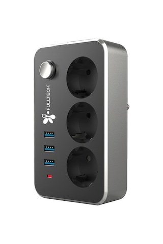 Fulltech FTR-02 3'lü Termal 2 M Akım Korumalı Priz Siyah