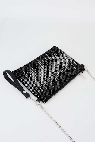 Vivaq Kadın Dalgalı Gümüş Taşlı Süet Bilek Askılı Ve Zincir Askılı Portföy El Ve Clutch Çanta SİYAH