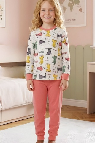 Modanino Kız ÇocukPamuk Pijama Takımı 4-11 Yaş 12628 Somon