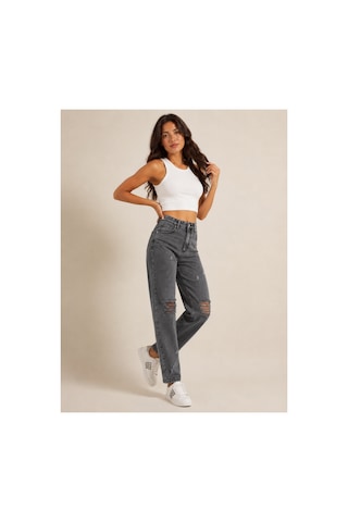 Kene Jeans Yüksek Bel Diz Lazer Yırtık Kar Siyah Mom Jeans Pantolon Kar Siyah