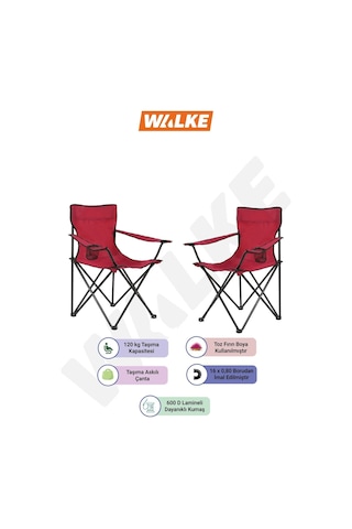 Walke 2 Li Katlanabilir Kamp Sandalyesi Piknik Sandalyesi Plaj Sandalyesi Kırmızı Taşıma Çantalı Kırmızı