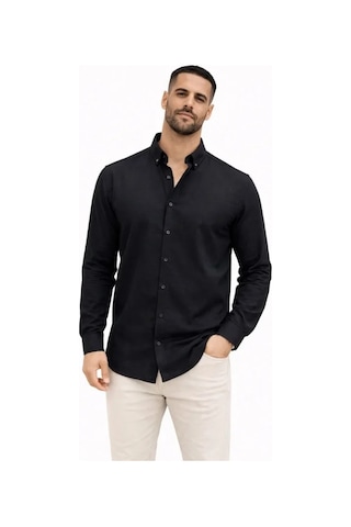 Etiler Collection Erkek Keten Kumaş Oversize Uzun Kollu Rahat Kalıp Gömlek - Siyah