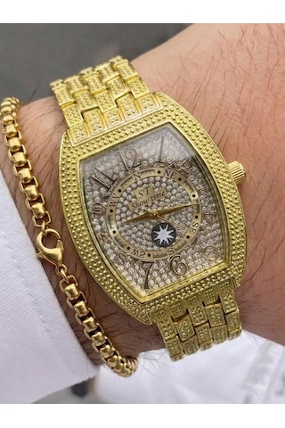 Erkek Taş İşlemeli Çelik Kol Saati Lüks Quartz Erkek Saati Premium Tasarım Bileklik Hediyeli Şık Erkek Kol Saati Gold-25 Cm