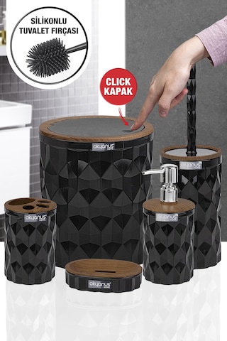 Okyanus Home Diamond Siyah Ahşap Click Kapak Banyo Seti 5'li Siyah