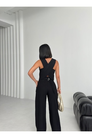 Moderie Butik Keten Sirti Çapraz Geçi Şli Cepken Pantolon Takim Siyah