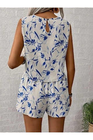 DefyModa Kadın Kolsuz Yuvarlak Yakalı Desenli Bluz Ve Şort Ikili Takım Mavi
