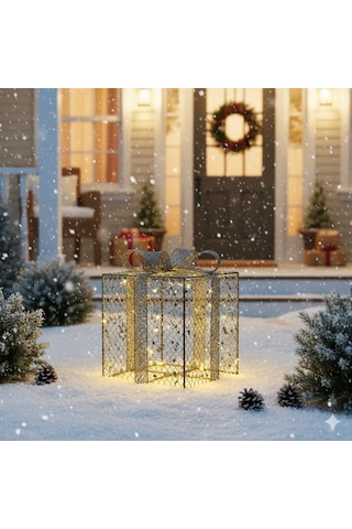 15x15 Cm Yılbaşı Hediye Paketi Metal Süs - Gold Gümüş Payetli Boncuklu Lüks Noel Ağaç Altı Dekorasyonu Diğer