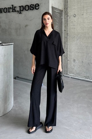 Kadın Siyah Yarasa Kol Sahte Cep Bürümcük Alt Üst Palazzo Takım Siyah