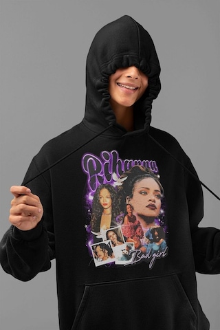 Şarkıcı Rihanna Baskılı Unisex Oversize Hoodie Siyah