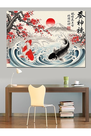 Ahşap Tablo Japon Tarzı Balık Ve Güneş