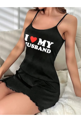 Sebalma Fashion I Love My Husband Yazılı Askılı Pamuklu Penye Gecelik Siyah