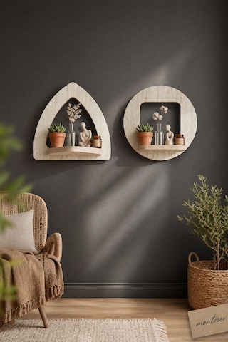 Ahşap Dekoratif Duvar Rafı 2 Li / 3 Lü Set Mtsv - 857 Mermer Desenli