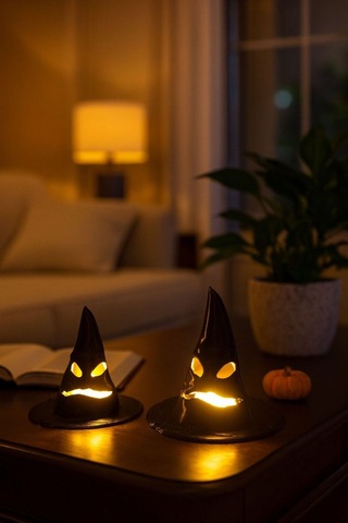 Korku Şapka Figürlü Pilli Mum İle Kullanım Dekoratif 2 Li Aksesuar Masaüstü Obje Halloween Süs