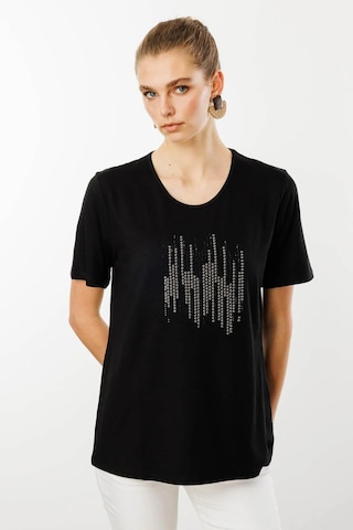 Desen Triko Sıfır Yaka Taş Baskılı Penye Kadın T-shirt 25769 Siyah