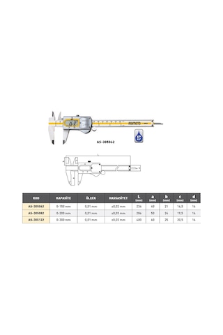 Asimeto Profesyonel Dijital Kumpas Metal Kasa Su Geçirmez 0,01-200 Mm