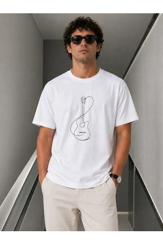 Veraura Lifestyle Erkek Minimal Gitar Baskılı Tişört T-shirt Yazlık Kısa Kol Bisiklet Yaka T-shirt - Beyaz