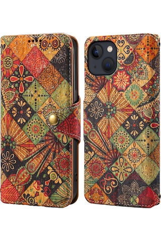 İphone Uyumlu 15 Plus Kılıf Çiçek Baskılı Pu Deri Cüzdan Kart Yuvaları Telefon Kılıfı