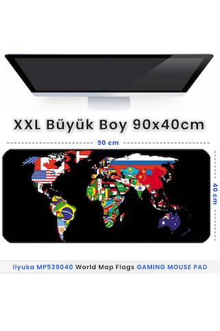 İlyuka Mousepad 90x40cm Büyük Boy Xxl Mp539040 World Map Flags