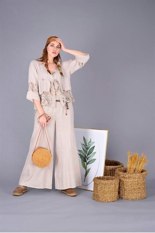 Eren Style İtalyan Korsajlı Tokalı Kemerli Bol Paçalı Keten Pantolon-9887 Krem