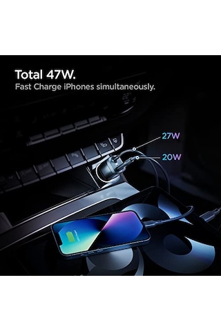 Spigen 47w Usb-c 2 Port Araç İçi Hızlı Şarj Aleti + Lightning Şarj Kablosu Güç Adaptörü Çakmaklık İphone & İpad Type-c - Acp04205 Spigen Tr li
