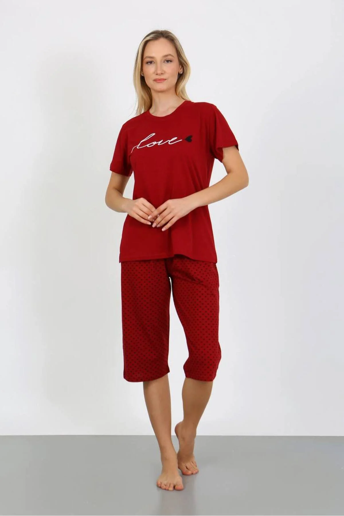 Shopshop Ss Kadın Bordo %100 Pamuk Love Baskılı Yazlık Kısa Kol Cepli Kapri Bermuda Pijama Takımı